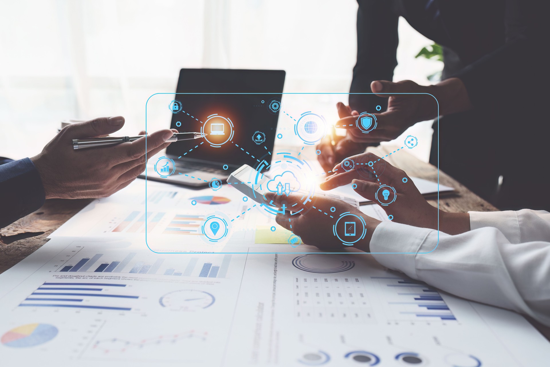 Group of Business people using AI to help and analysis and research finance data. Artificial Intelligence, Futuristic technology transformation concept